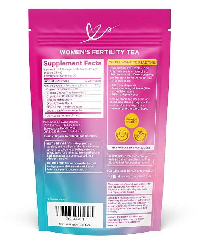 Pink Stork Organic Fertility Tea - Supports Conception for Her & Hormone Balance with Chaste Tree Berry (Vitex), Mint, and Red Raspberry Leaf - Hot or Iced - Caffeine Free - Sweet Mint, 15 Sachets