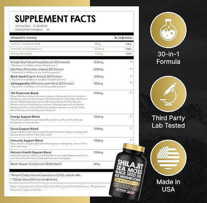 Power Blend Capsules - 30-in-1 Supplement Bundle with Shilajit 6000mg, Sea Moss 4000mg, Black Seed Oil 4000mg, Ashwagandha 2000mg, 10x Mushrooms, Tongkat Ali, Maca, Holistic Pills Combo