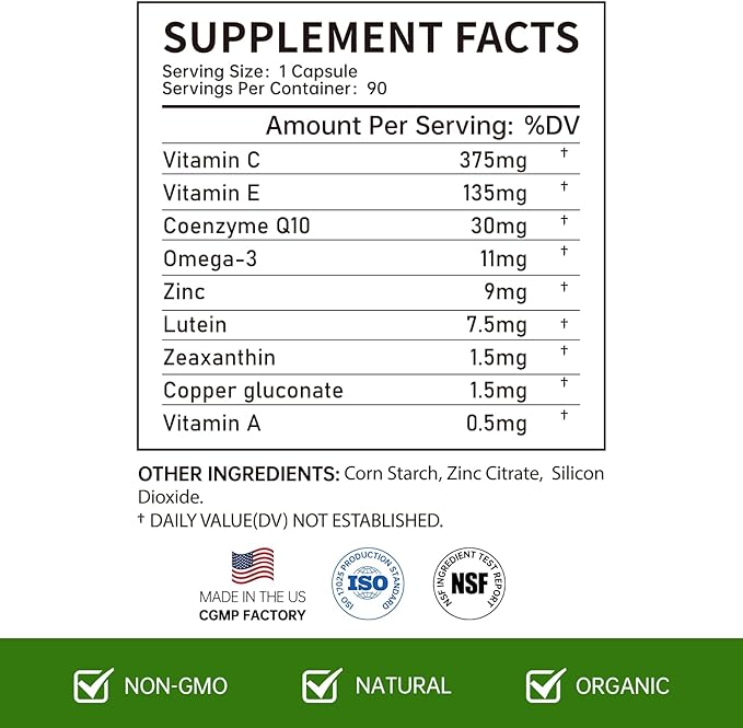 Lutein Eye Vitamins - Eye Health Supplements for Macular Pigment & Dry Eye, Contains Lutein, Zeaxanthin, Zinc, Omega-3, Vitamins C & E to Adult Support Healthy Vision (90 Capsules)