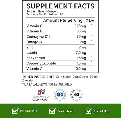 Lutein Eye Vitamins - Eye Health Supplements for Macular Pigment & Dry Eye, Contains Lutein, Zeaxanthin, Zinc, Omega-3, Vitamins C & E to Adult Support Healthy Vision (90 Capsules)