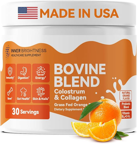 Bovine Colostrum & Collagen Powder for Gut Health, Immune Support, Hair Growth & Beauty Supplement, Sugar Free – IgG, Probiotics, Vitamin B12, C, D3 – Orange Flavor, 30 Servings