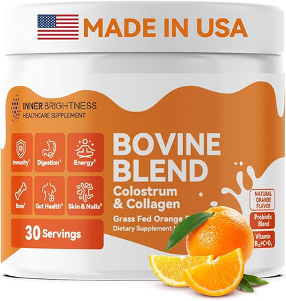 Bovine Colostrum & Collagen Powder for Gut Health, Immune Support, Hair Growth & Beauty Supplement, Sugar Free – IgG, Probiotics, Vitamin B12, C, D3 – Orange Flavor, 30 Servings