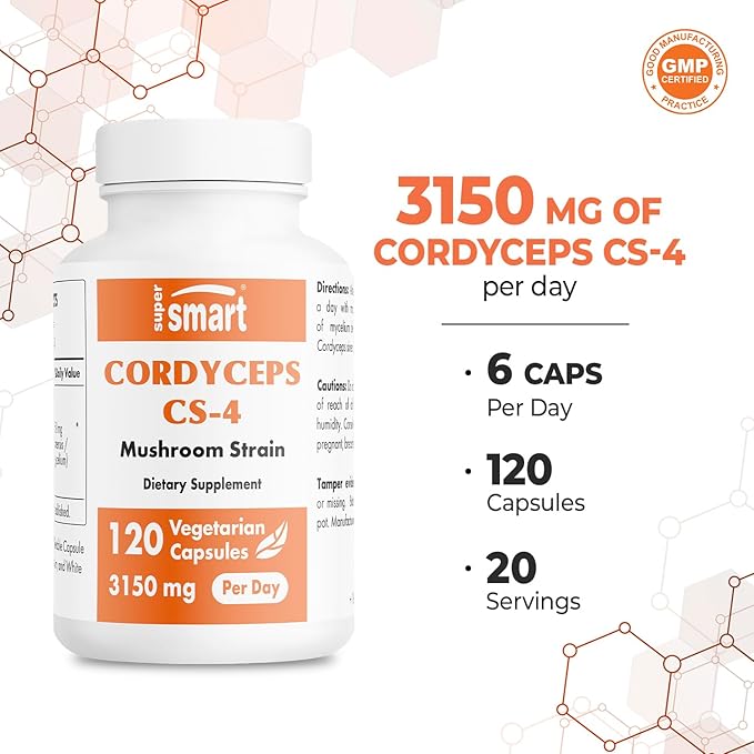 Supersmart - Cordyceps Cs-4 3150mg per Day (High Strength) - Cordyceps Mushroom Supplement - Endurance & Energy | Non-GMO & Gluten Free - 120 Vegetarian Capsules
