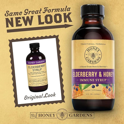 Honey Gardens Elderberry Syrup with Grade A Raw Honey, Propolis, Organic ACV & Elderberries | Traditional Immune Formula w/Echinacea | Made in The USA (4oz)