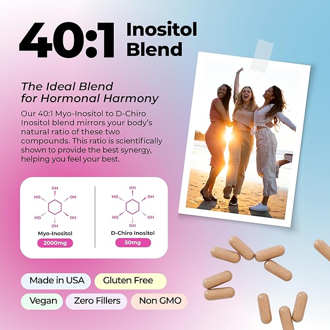 Hormone Balance for Women, PCOS, Ovarian Support, Fertility, Menstrual Cycle | Myo-Inositol & D-Chiro Inositol Supplement 40:1 Ratio With Folic Acid, B12 & Probiotics | Female Vitamins 120 Capsules