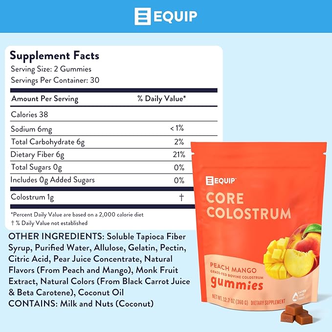 Equip Foods Core Colostrum Gummies | Delicious and Convenient | 1g Ultra-Premium Grass Fed Colostrum Per Serving | Gut Health, Immunity, Hair and Skin | 60 Gummies, 30 Servings, Peach Mango