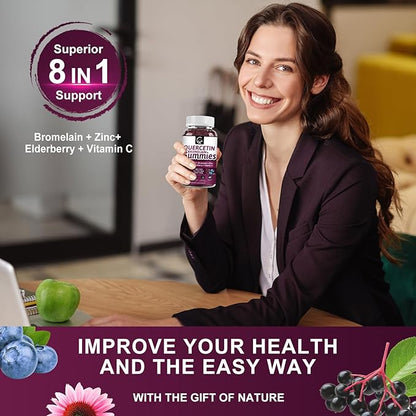 Quercetin Gummies with Bromelain 2378mg - Blend with Elderberry, Echinacea Purpurea Extract, Zinc, Vitamin C,D3,K2, Complex Supports Immune, Cardiovascular & Respiratory, Vegan Gummy for Adult & Kid