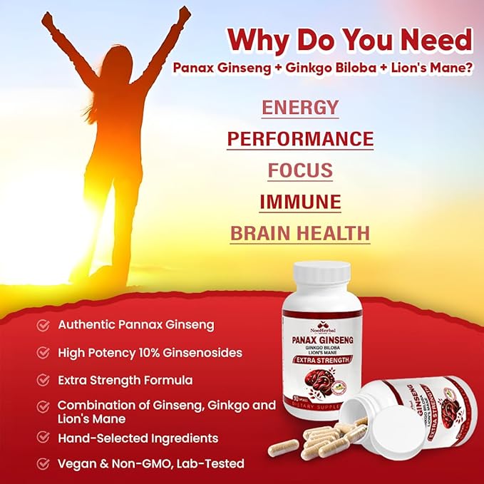 Panax Ginseng + Ginkgo Biloba + Lion's Mane 750 MG per Serving - 90 Vegan Capsules, Extra Strength Ginsenosides for Energy, Mental Focus, Immune Support, Non-GMO & Gluten Free