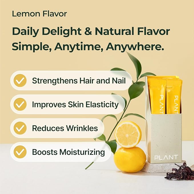 PLANT Vegan Liquid Collagen with Biotin & Niacin | 2,000mg Hydrolyzed Collagen Peptides | Kosher & Halal Certified| Lemon Flavor| Skin, Hair & Nail Support| 363Da Ultra Low Molecular |15 Stick Packs