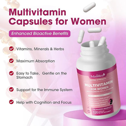 Multivitamin for Women-Methylated Multivitamin for High Absorption-with 30+ Nutrients-Hair, Skin and Nails Vitamins for Women-with Vitamins A,C,E, Biotin-Bloom Energy and Help Focus-60 Count