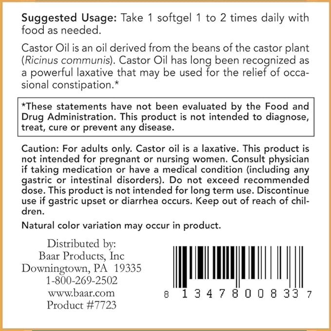 Baar Castor Oil Softgels Natural Laxative with Fennel Oil