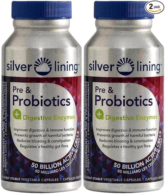 Silver Lining Pre & Probiotics + Digestive Enzymes | 50 Billion CFU/Active Cells | Digestive & Immune Function Support, Reduces Bloating | Shelf-Stable Formula | 240 Count (Pack of 2)