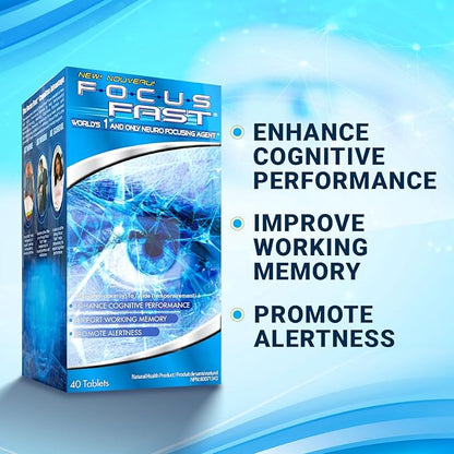 Focus Fast Clear Brain Nootropic Supplement, 40 Count, for Men & Women - Focus Pills for Concentration, Brain Booster & Memory Support – Vitamins, Choline, Ginseng, Gingko & More