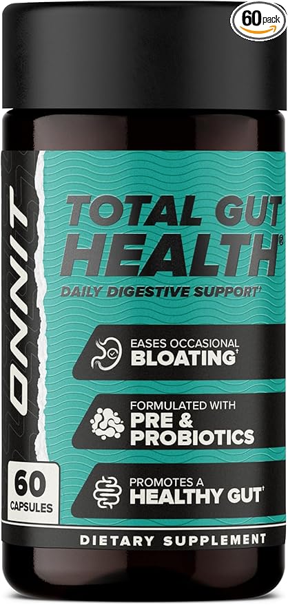 ONNIT Total Gut Health Daily Digestive Support, Complete Digestion Supplement for Women and Men with 7 Strains of Probiotics, Prebiotics, Enzymes and Betaine HCL, 60 Count