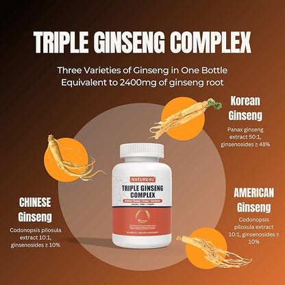 Triple Ginseng Complex, Ultra Potency 15% Ginsenosides from 3 Panax Ginseng Extract for Energy, Memory, Vitality & Immune Support, Healthy Aging for Elderly, 30 Tablets