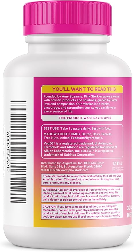 Pink Stork Total Women's Multivitamin - Supports Hair, Skin, Nails, Bone Health & Immune System - Includes B6, B12, Biotin, Iron & Zinc - Premium Women's Vitamins - 30 Capsules