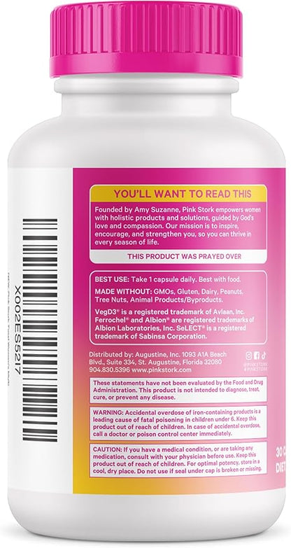 Pink Stork Total Women's Multivitamin - Supports Hair, Skin, Nails, Bone Health & Immune System - Includes B6, B12, Biotin, Iron & Zinc - Premium Women's Vitamins - 30 Capsules
