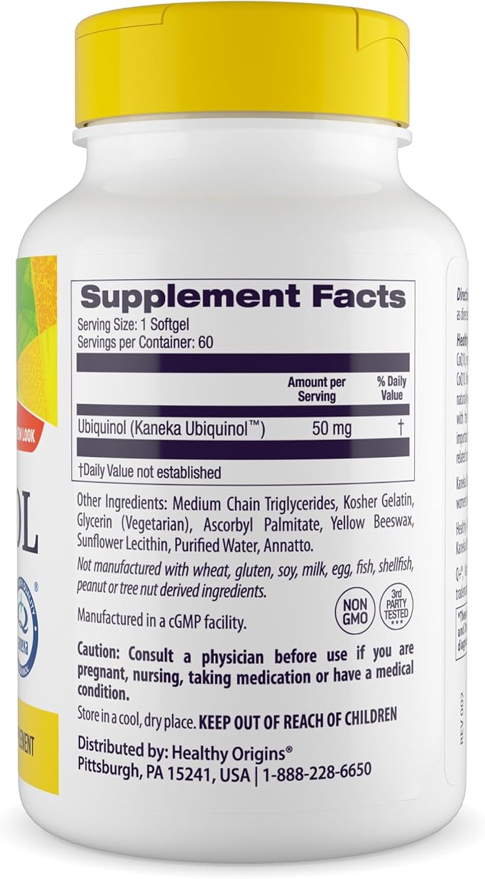 Healthy Origins Ubiquinol (Active Form of CoQ10), 50 mg - Kaneka Ubiquinol Supplements for Heart Health & Antioxidant Support - Gluten-Free & Non-GMO Supplement - 60 Softgels