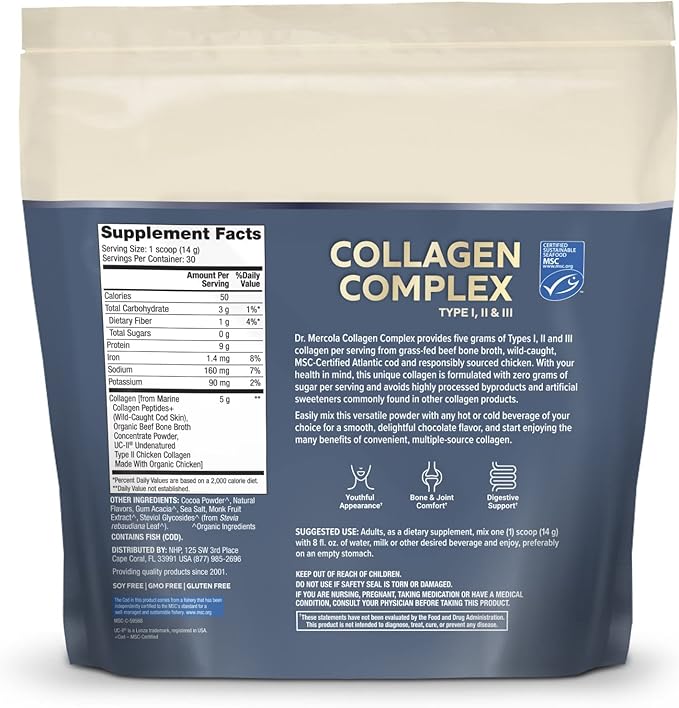 Dr. Mercola Collagen Complex Powder, Chocolate Flavor, 30 Servings, Powdered Dietary Supplement, Supports Youthful-Looking Skin, Non-GMO, MSC Certified