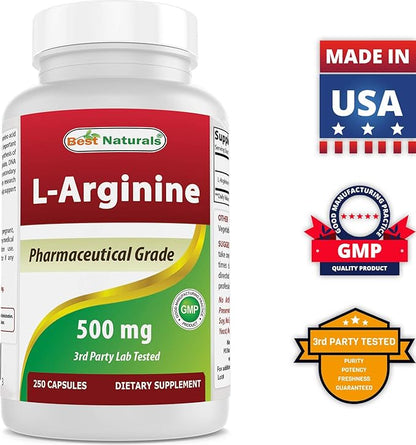Best Naturals L-Arginine 500mg 250 Capsules (250 Count (Pack of 3))