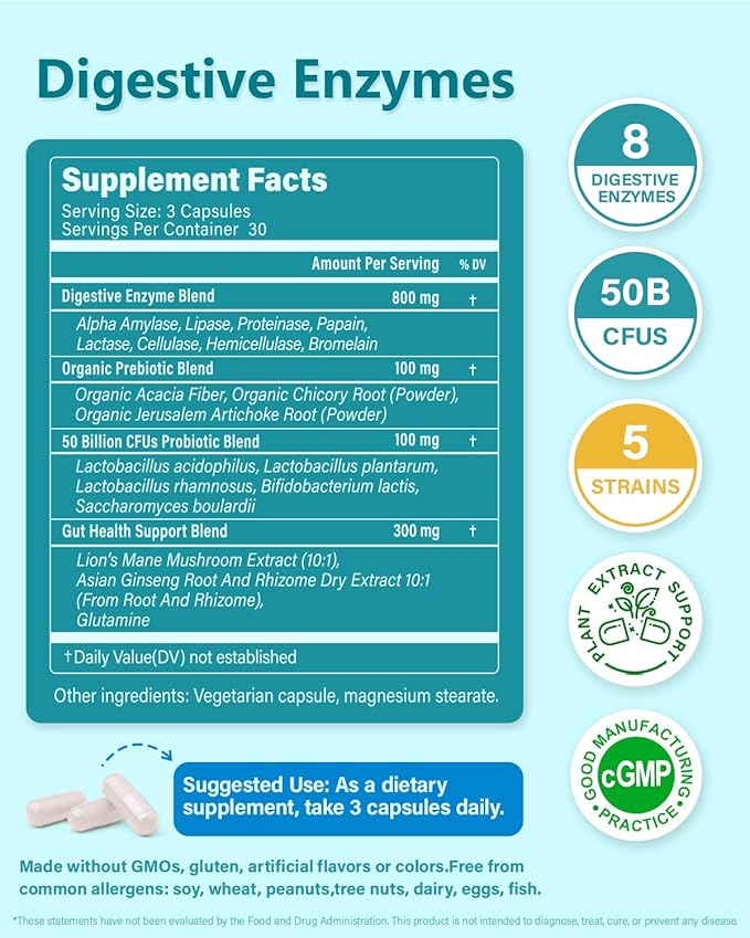Digestive Enzymes with Probiotics Prebiotics for Women Men - Multi Enzyme for Bloating Relief, Gas, Constipation, Digestive & Gut Health, Vegan & Non-GMO | 180 Capsules