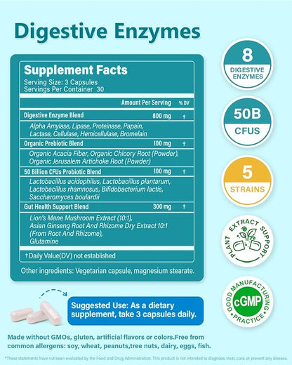 Digestive Enzymes with Probiotics Prebiotics for Women Men - Multi Enzyme for Bloating Relief, Gas, Constipation, Digestive & Gut Health, Vegan & Non-GMO | 180 Capsules