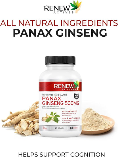 RENEW ACTIVES Panax Ginseng 1000MG per 2 Capsules – Boosts Physical & Cognitive Health, Enhances Energy, Supports Mental Clarity & Focus, Promotes Performance & Vitality – Made in Canada – 60 Capsules