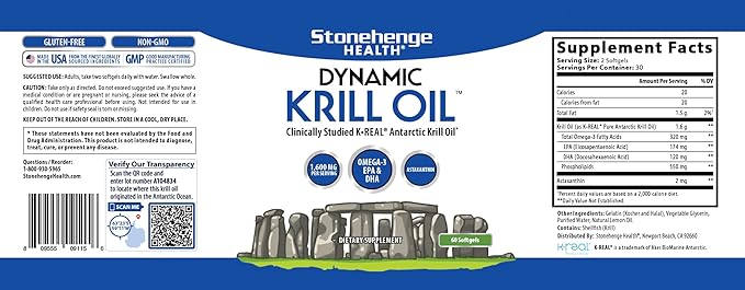 Stonehenge Health Dynamic Krill Oil 1600mg – Triple Strength Antarctic Omega-3 Supplement with EPA, DHA, Phospholipids & 2mg Astaxanthin – Supports Heart, Brain, Skin, Joint & Eye Health – 60 Softgels