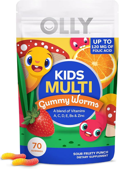 OLLY Kids Immunity Gummy, Immune Support, Wellmune, Elderberry, Vitamin C, Zinc, Chewable Supplement, Cherry - 50 Count & Kids Multivitamin Gummy Worms, Overall Health and Immune Support