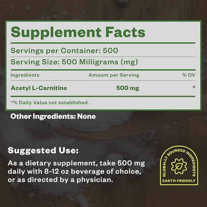 Acetyl L-Carnitine Powder, 250g, ALCAR Powder, Amino Acid Supplement, Acetyl L-Carnitine Supplement for Better Cognitive Performance and Muscular Endurance, Gluten Free, Non-GMO, 500 Servings
