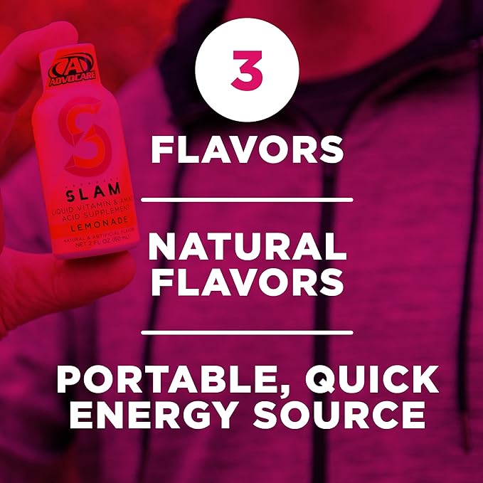 AdvoCare Slam Variety Pack - Liquid Vitamin & Amino Acid Supplement - Contains Vitamin B-12, B-6, Folic Acid & More - Orange, Berry & Lemonade - 12 Bottles