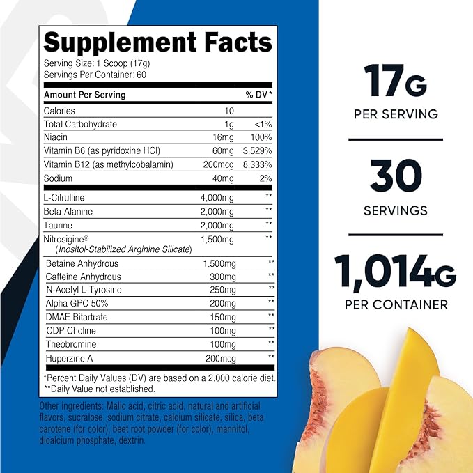 Nutricost Pre-X Xtreme PreWorkout Powder Complex, Peach Mango, 60 Servings, Vegetarian, Non-GMO and Gluten Free
