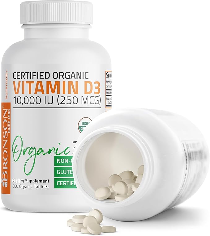 Bronson Vitamin D3 10,000 IU (250 mcg) Certified Organic High Potency Non-GMO Vitamin D Supplement, 360 Tablets