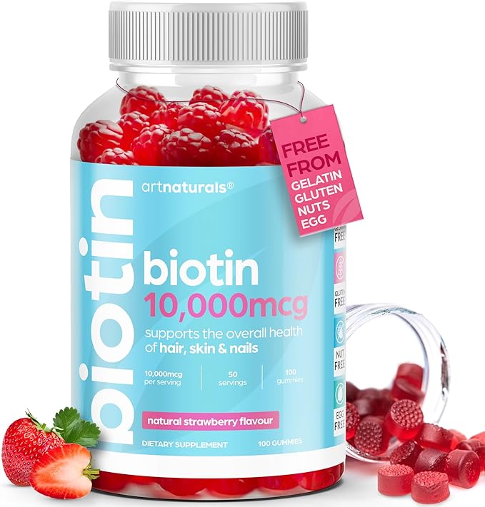 Artnaturals Biotin Gummies for Hair Growth - (100 Gummies - 10000mcg) - Natural Strawberry Vitamins Supports Nails and Skin - Gelatin, Gluten, Nut and Egg Free
