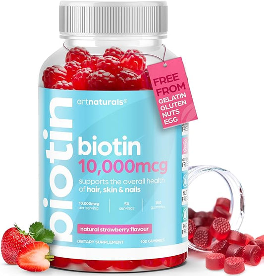 Artnaturals Biotin Gummies for Hair Growth - (100 Gummies - 10000mcg) - Natural Strawberry Vitamins Supports Nails and Skin - Gelatin, Gluten, Nut and Egg Free
