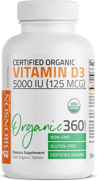 Bronson Vitamin D3 5,000 IU (125 mcg) Certified Organic High Potency Non-GMO Vitamin D Supplement, 360 Tablets