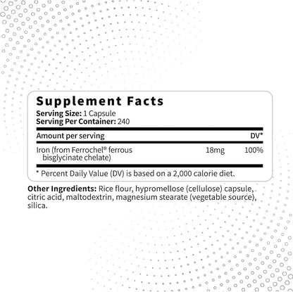 Type Zero Iron Chelate Capsules (18 MG, 240 CAPS) from Ferrochel - Non-GMO and Gluten Free