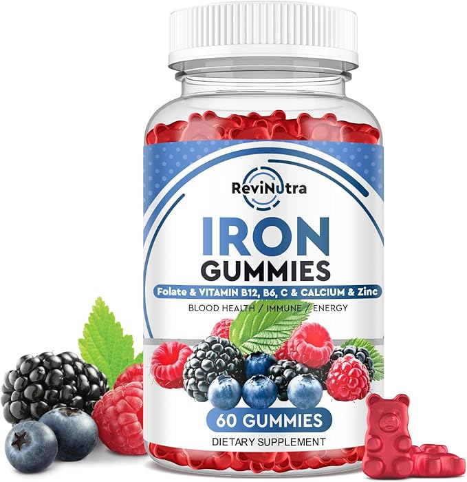 Iron Gummies with Zinc, Calcium, Vitamin C, B6 & B12 | Iron Supplement for Women, Men & Kids | Supports Anemia & Deficiency, Blood Builder & Cell Formation | Chewable Mixed Berry Flavor, 60 Gummies