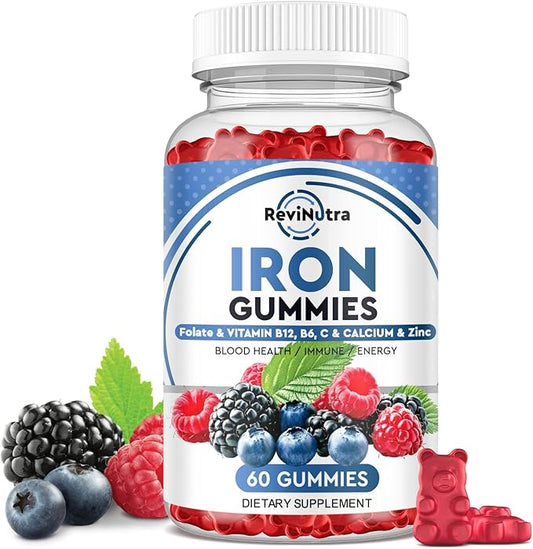 Iron Gummies with Zinc, Calcium, Vitamin C, B6 & B12 | Iron Supplement for Women, Men & Kids | Supports Anemia & Deficiency, Blood Builder & Cell Formation | Chewable Mixed Berry Flavor, 60 Gummies