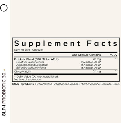 Codeage GLP-1 Probiotic+ - Live Probiotics Akkermansia, Clostridium, Bifidobacterium, Chicory Inulin Probiotic, Prebiotics & Postbiotics Supplement - 500 Million AFU - 30 Capsules