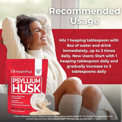 Health Plus, Psyllium Husk, 12 oz, 48 Servings - Natural Detox, Daily Dietary Fiber Supplement, Constipation Relief, Gentle Gut Cleanse, Keto Baking