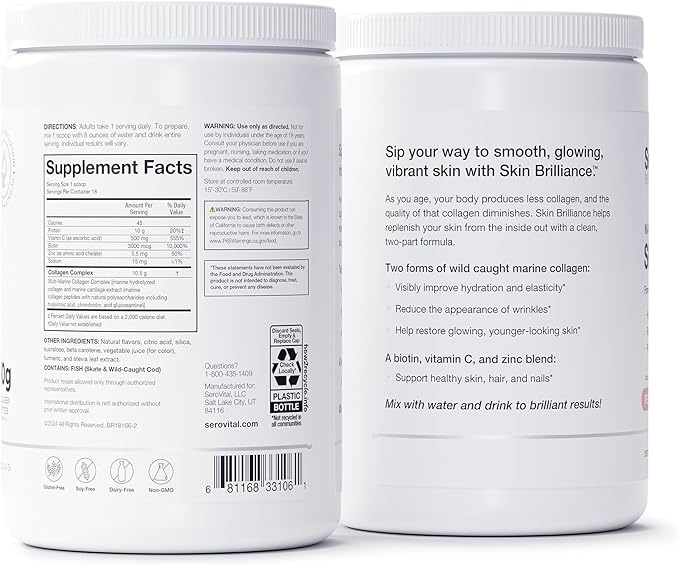 Serovital Skin Brilliance - Marine Collagen Peptides Powder - Hydrolyzed Type I & II Fish Collagen - Skin, Hair & Nails – 8.97 oz