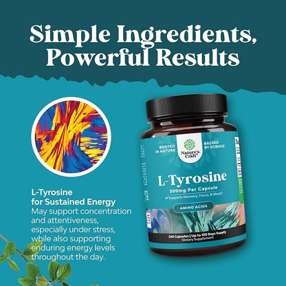 Free Form L Tyrosine 1000mg Per Serving - High Strength L-Tyrosine Supplement for Energy and Focus Support - Amino Acid Nootropic Supplement for Focus Attention and Cognition (240 Count)