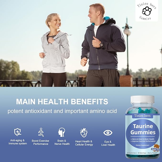 Taurine Gummies 1000mg, Sugar Free for Adults & Kids, 1 of 20 amino acids, Boost Immune, Nerve, Cognitive, Heart, Eye Health, Exercise Performance, Anti-aging, Gluten Free, Non GMO, Vegan, Pectin, 120