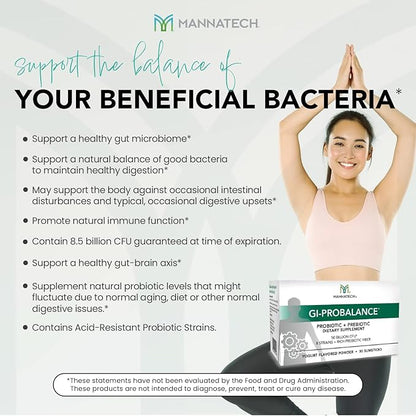 Mannatech Prebiotics and Probiotics, 30 Slimsticks, Yogurt Flavor, GI-ProBalance w/MannaBiotic Blend, Pre and Probiotics Powder for Gut Health, w/ 8 Strains, Rich Prebiotic Fiber & 50 Billion CFU
