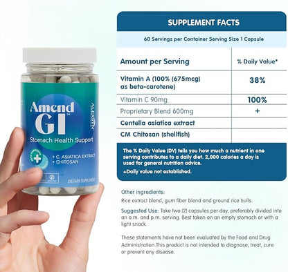 Amend GI All-Natural Stomach Health Support 60 Capsules - Nutraceutical for Stress-Induced Ulcer Symptoms - Supports Healing and Digestive Health with Asiatica Extract & CM Chitosan