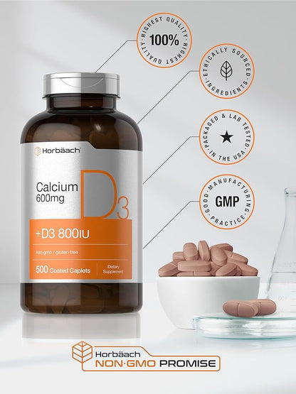 Horbäach Calcium Supplement with Vitamin D3 | 600 mg | 500 Coated Caplets | Non-GMO and Gluten Free