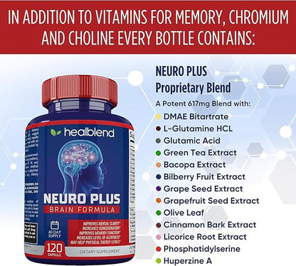 healblend Neuro Plus Brain & Focus Formula - Brain Booster Supplement, Supports Mental Clarity & Focus - Enhances Concentration & Mental Energy – 120 Capsules (3 Pack)