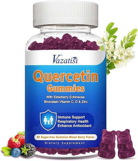 Quercetin Gummies for Kids, Adults Women Men, Quercetin with Bromelain Elderberry Vitamin C Zinc Echinacea Immune Support Supplement, Mixed Berry Flavor 60 Cts