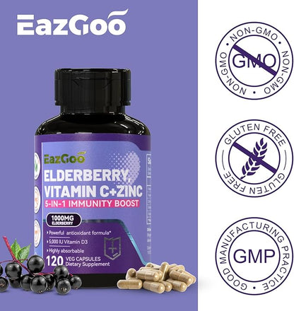 Sambucus Elderberry with Zinc & Vitamin C - 5 in 1 Immune Support Supplement, Non-GMO, 120 Vegetarian Capsules, 2 Months Supply